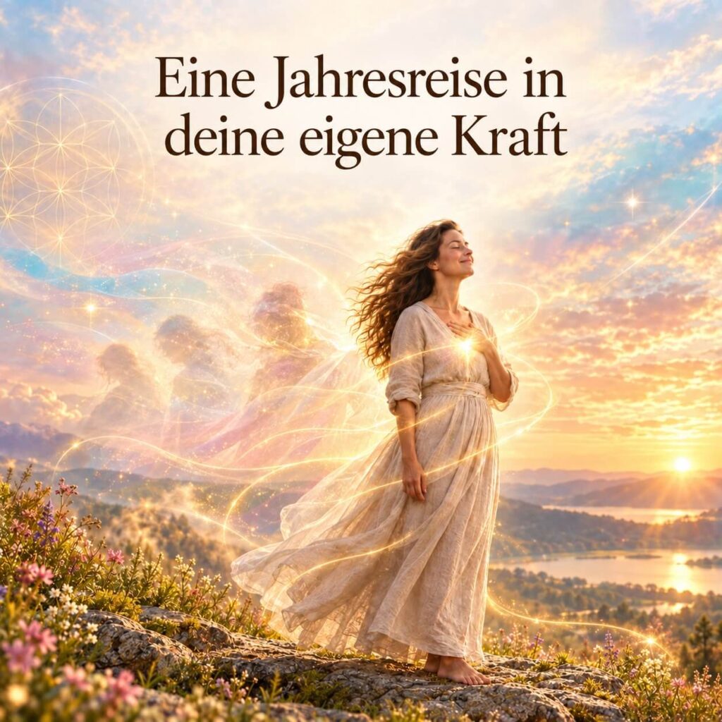 Jahresreise in deine eigene Kraft 2026/27, eine Frau mit leuchtendem Herzen erhebt sich und wendet sich lächelnd einer lichtvollen Zukuft zu