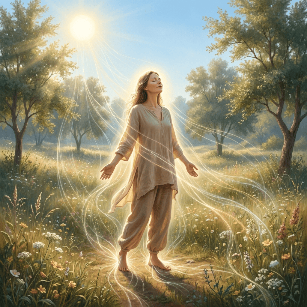 Channeln Lernen Seminar, eine Frau mit Lichtfäden in ihrer leuchtenden Aura steht in einer sonnigen grünen Landschaft