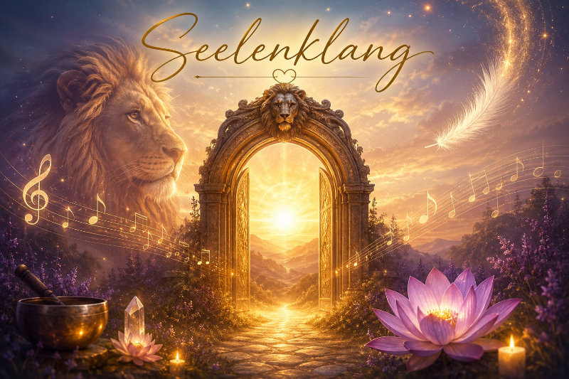 seelenklang-loeweportal, links ein Löwe, in der Mitte vom Bild ein lichtdurchflutetes Tor umrahmt von Musiknoten